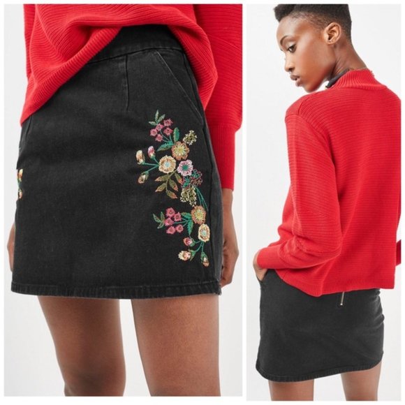 Topshop Dresses & Skirts - TOPSHOP MOTO Embroidered Clean A-Line Skirt Sz 26